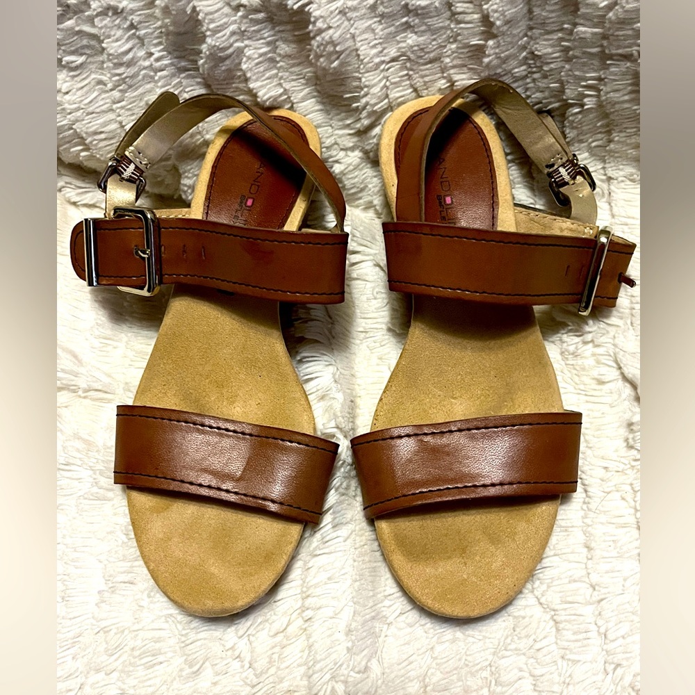 Bandolino, light coffee, sandals with buckle closure. Size 5M